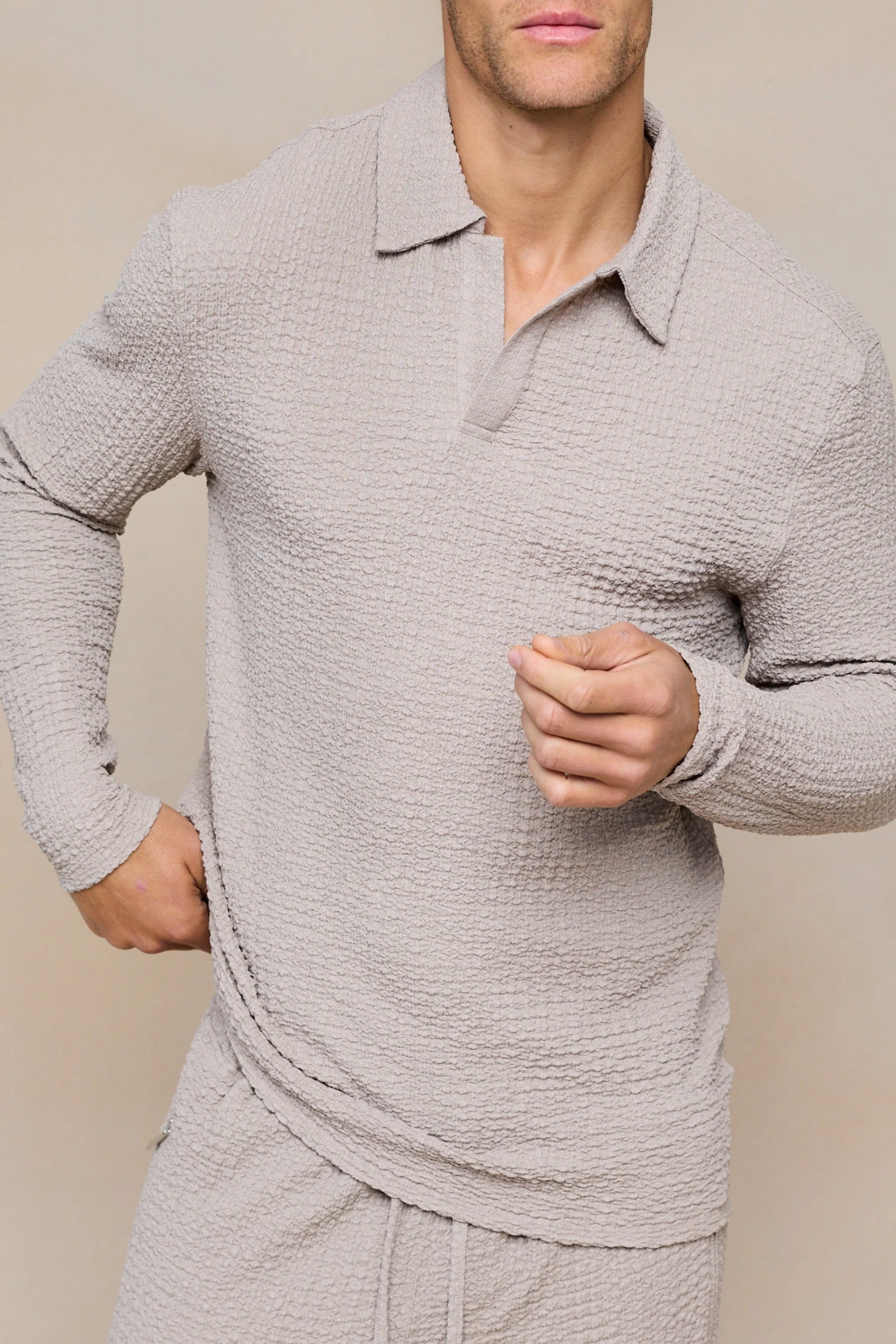 Artie Ruched Textured Long Sleeve Polo Shirt - Mushroom - Image 2