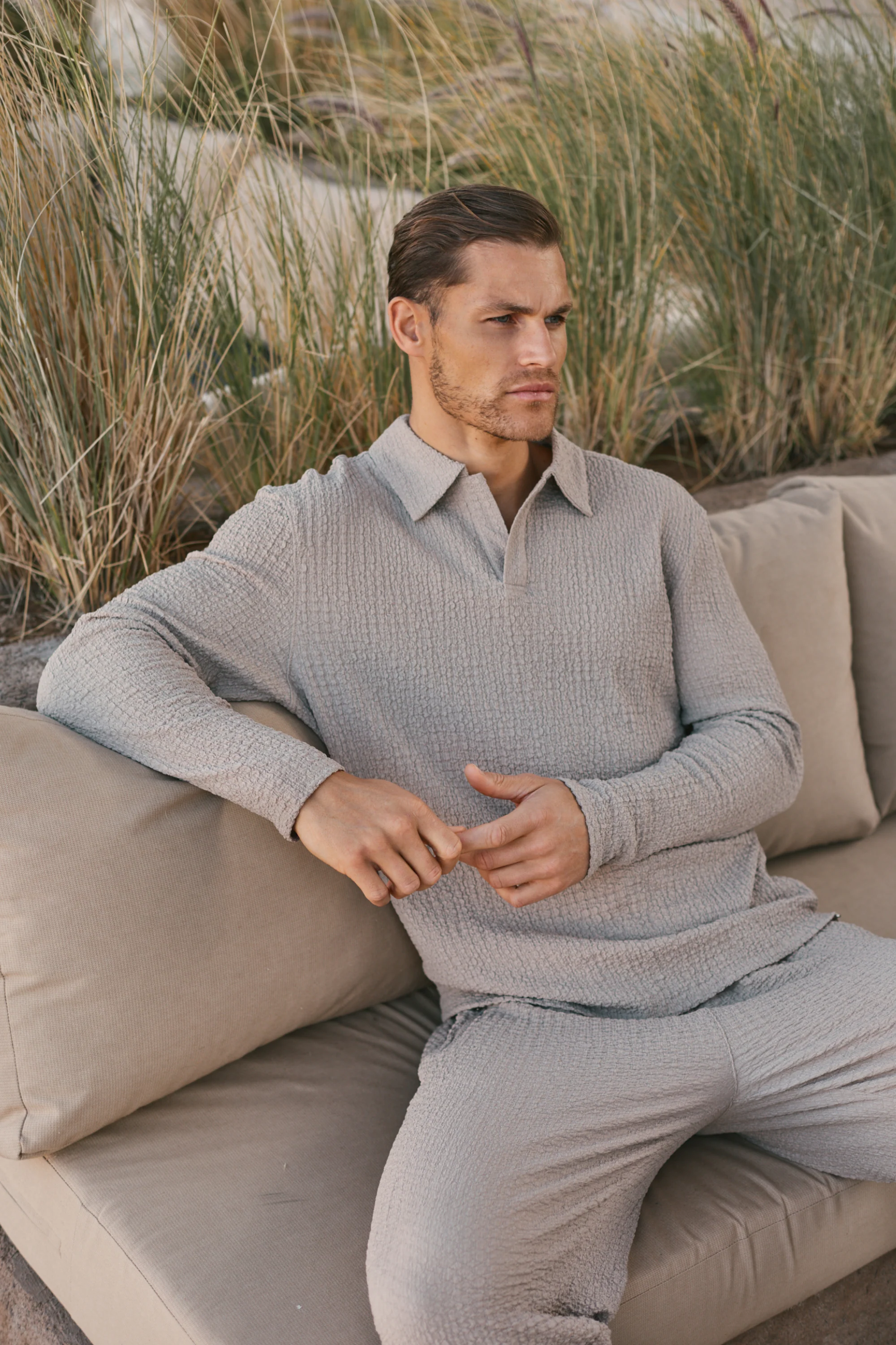 Artie Ruched Textured Long Sleeve Polo Shirt - Mushroom - Image 5