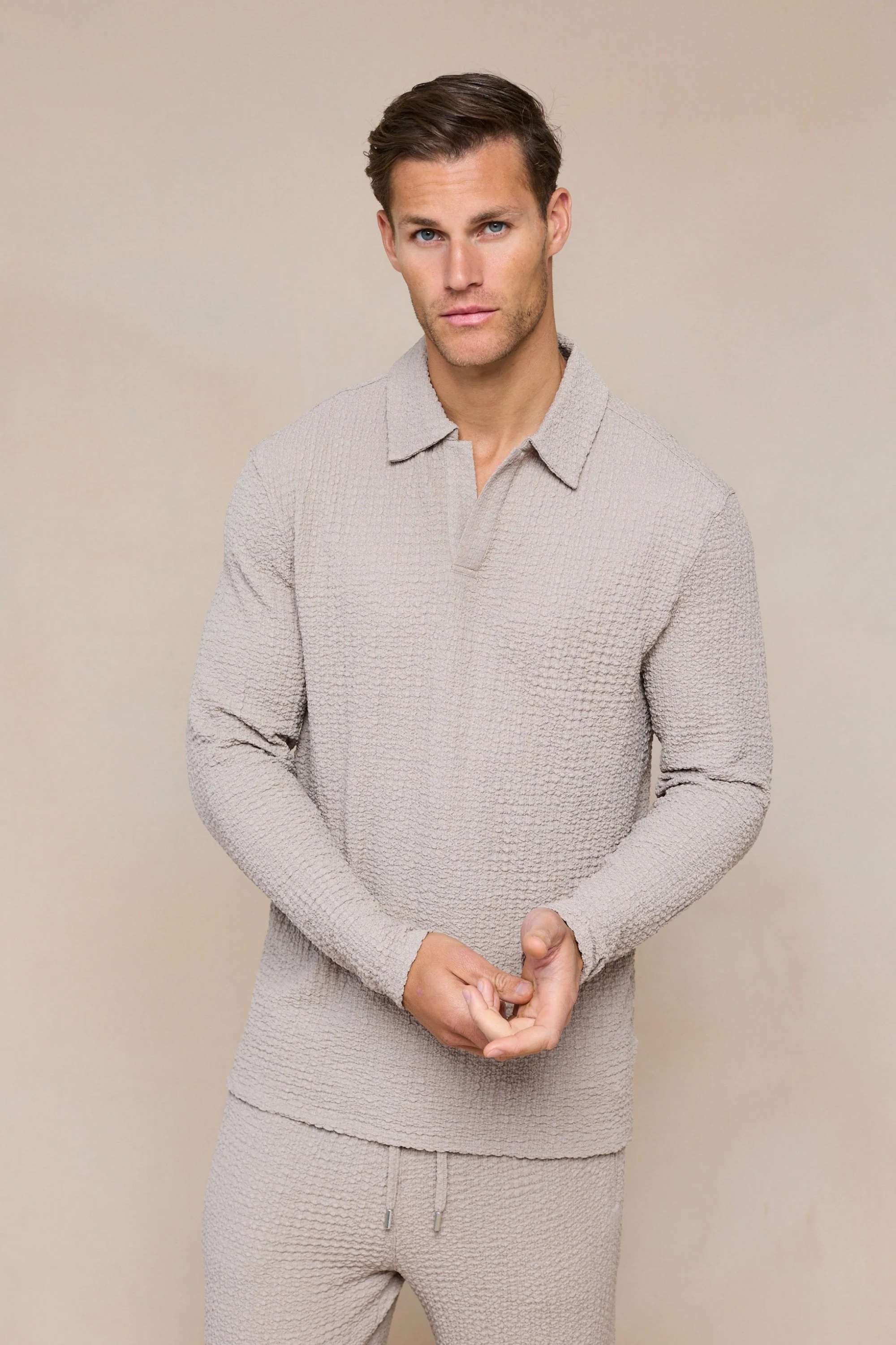 Artie Ruched Textured Long Sleeve Polo Shirt - Mushroom - Image 7