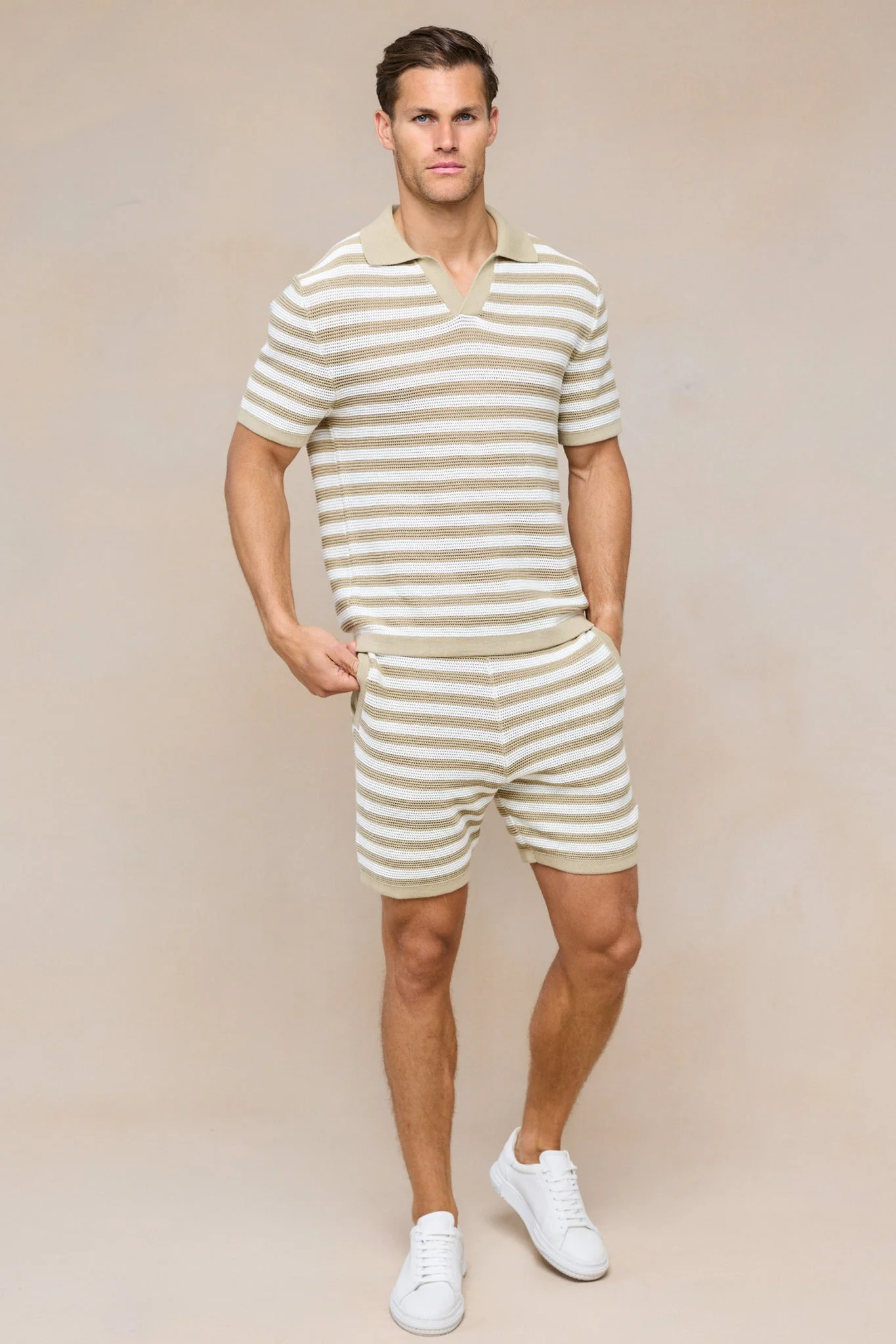 Lattolo Striped Knit Polo Shirt - Ecru/Beige - Image 8
