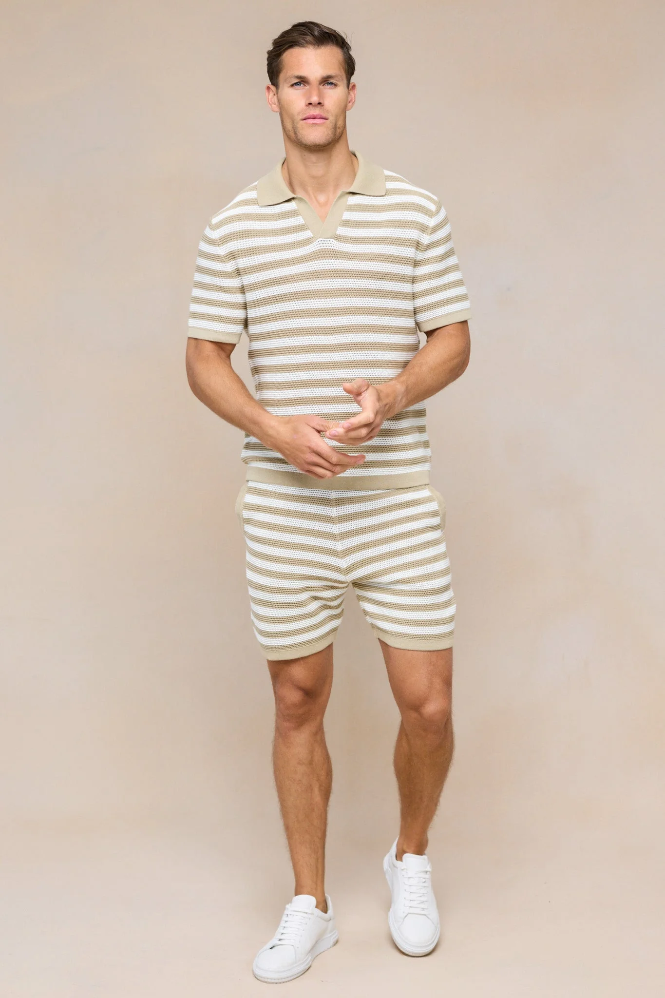 Lattolo Striped Knit Polo Shirt - Ecru/Beige - Image 9