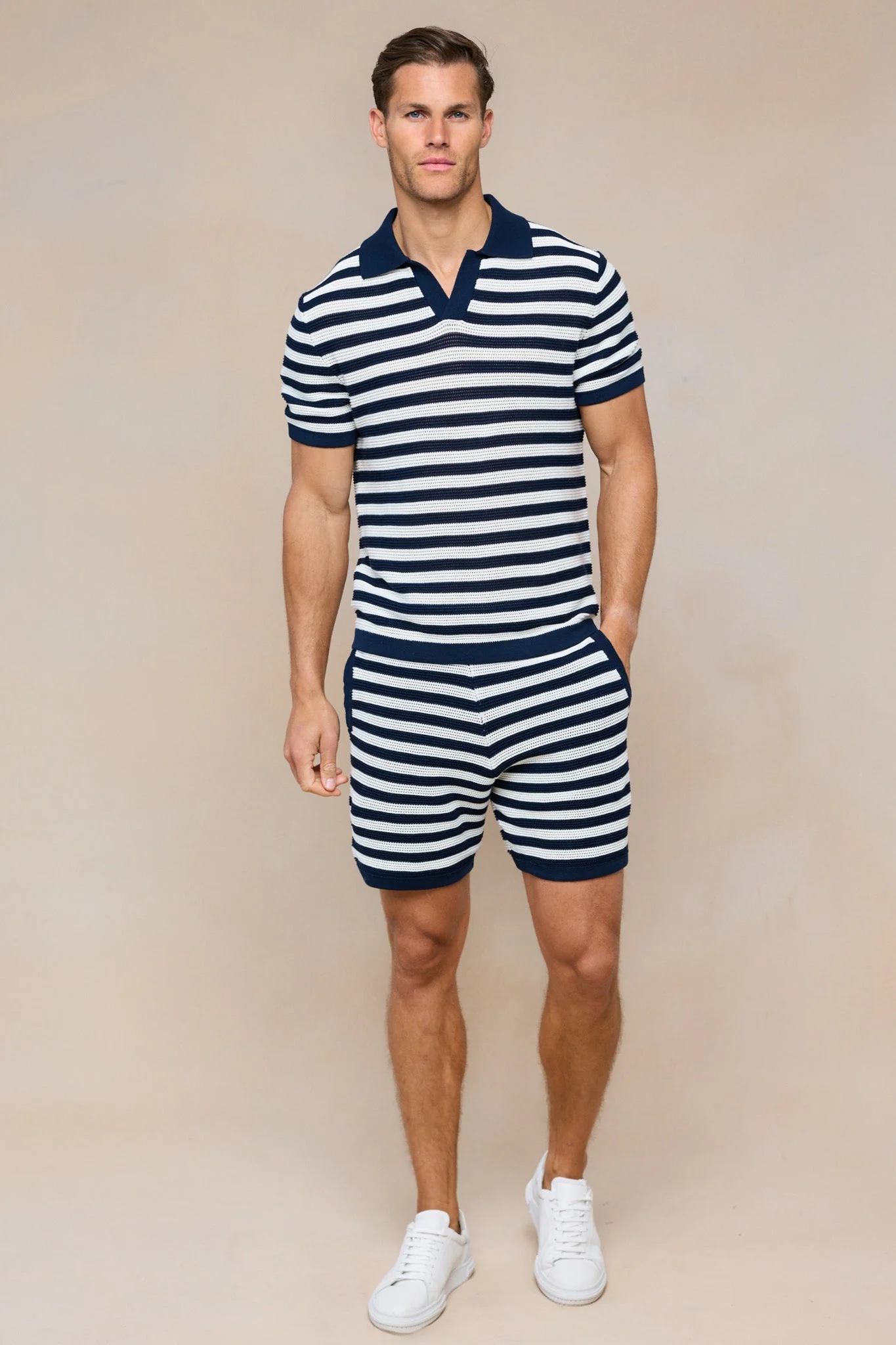 Lattolo Striped Knit Polo Shirt - Navy/Ecru - Image 6