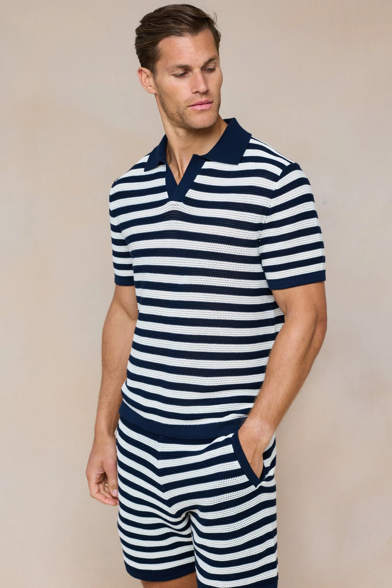 Lattolo Striped Knit Polo Shirt - Navy/Ecru - Image 7
