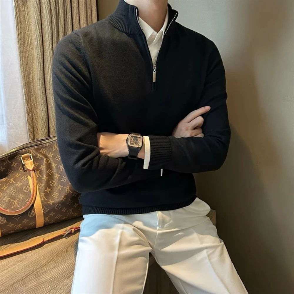Old Money Half-Turtleneck Zipper Knitted Sweater - Image 2