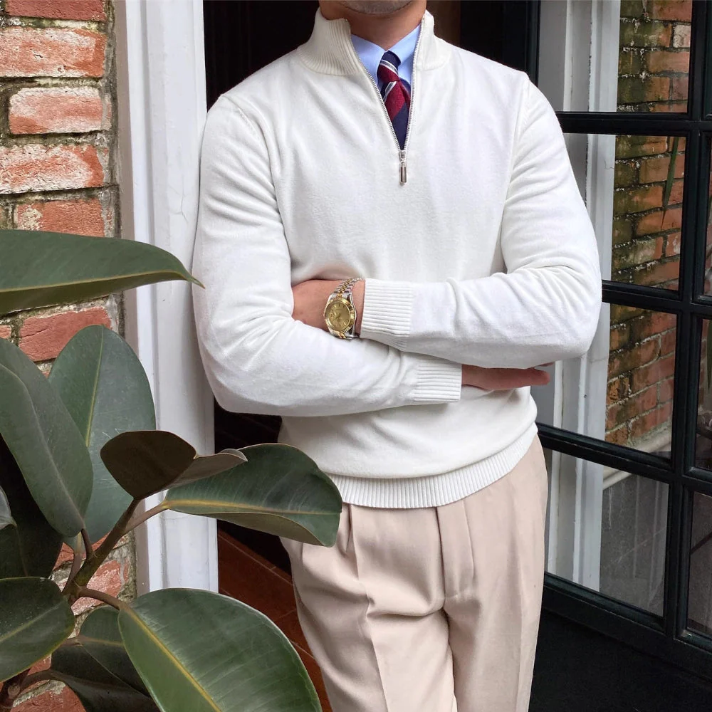 Old Money Stand Collar Half-Zipper Knitted Sweater - Image 4