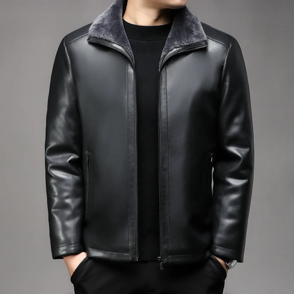 Old Money Thickened Fur Collar Leather Jacket - Image 5