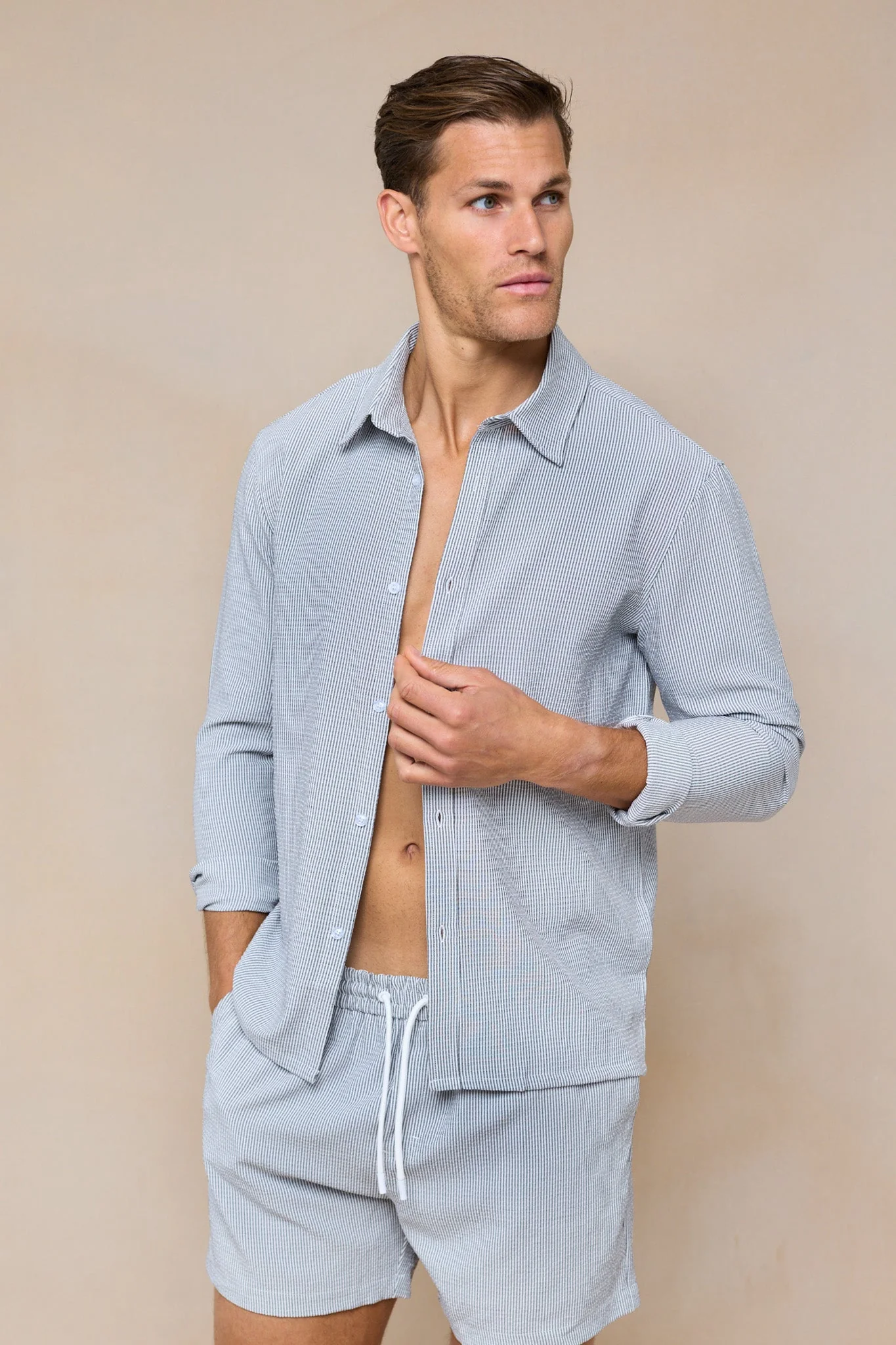 Vittorio Seersucker Long Sleeve Shirt - Black/White - Image 4